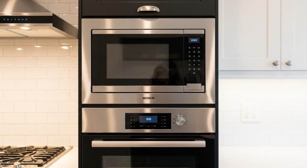 Micro-ondas de embutir integrado a móveis planejados com acabamento inox