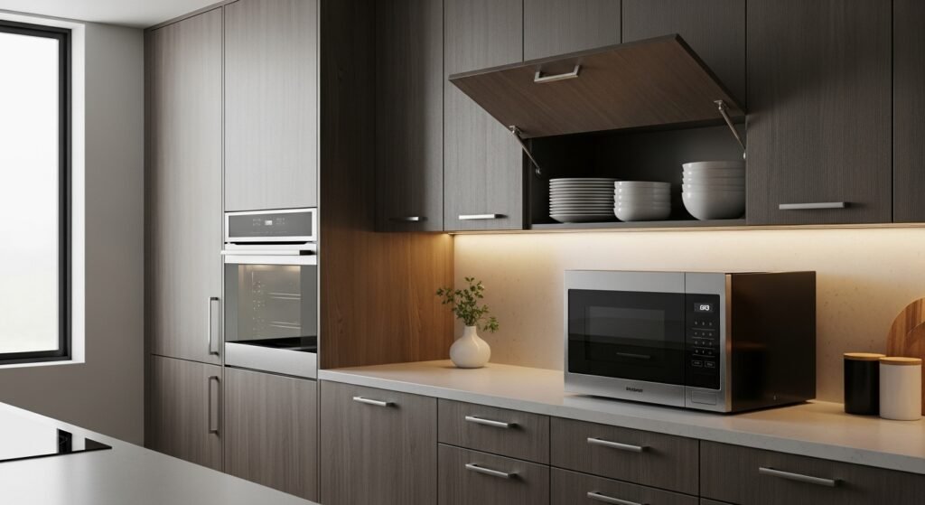 Micro-ondas moderno de embutir em cozinha planejada com acabamento em inox