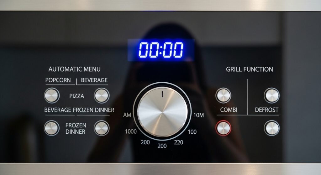 Painel digital de micro-ondas com teclas de atalho para preparo rápido