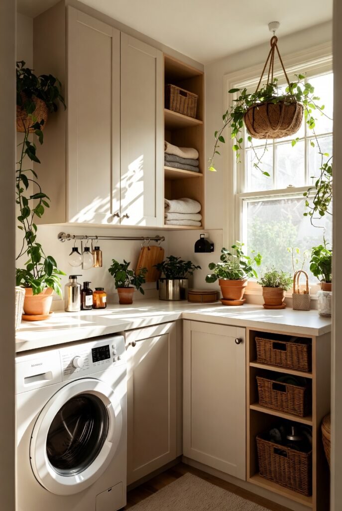 Área de serviço pequena e organizada com armários planejados, máquina de lavar frontal, cestos de vime e plantas decorativas próximas à janela.