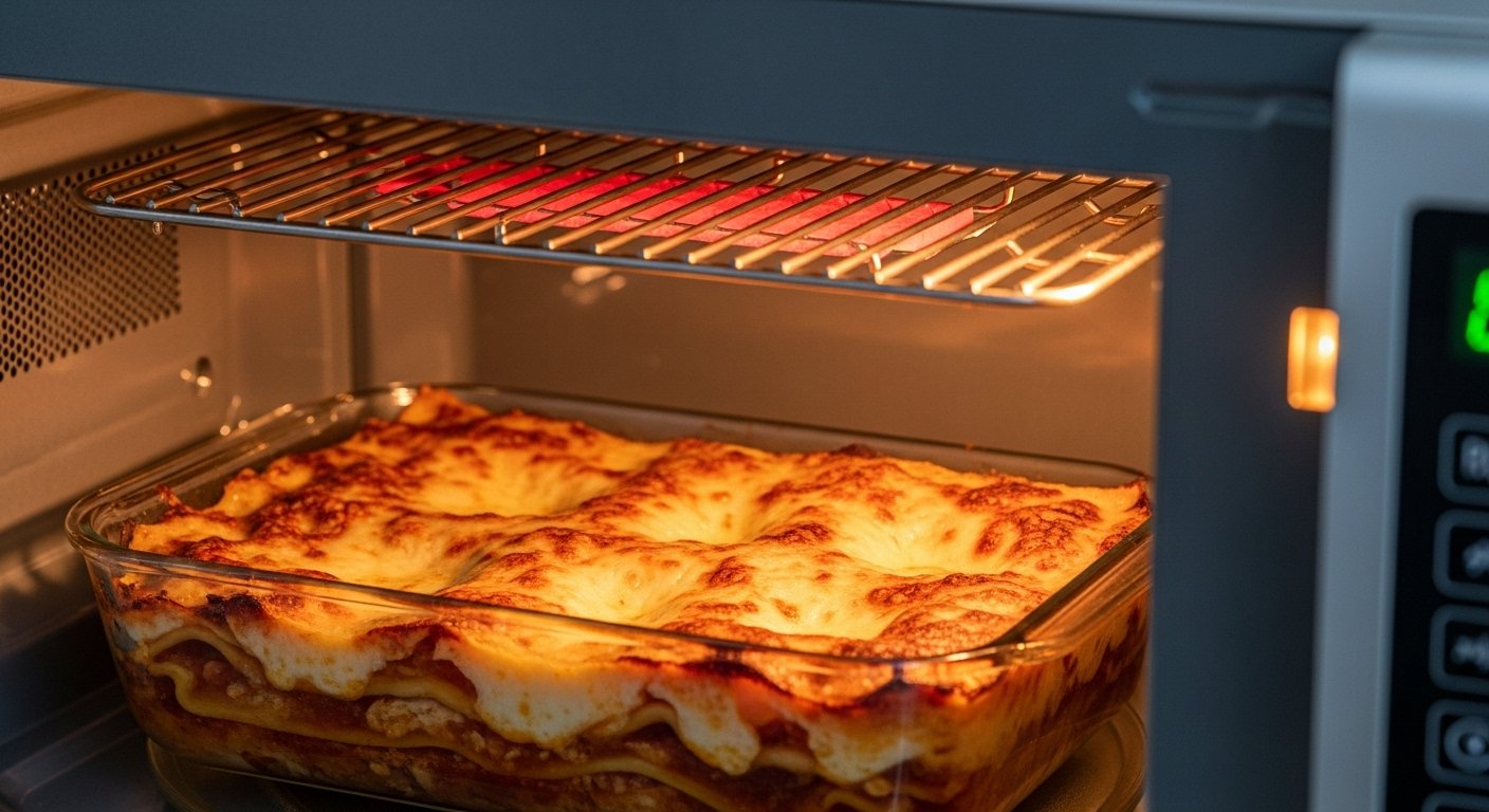 Função grill de micro-ondas dourando uma lasanha