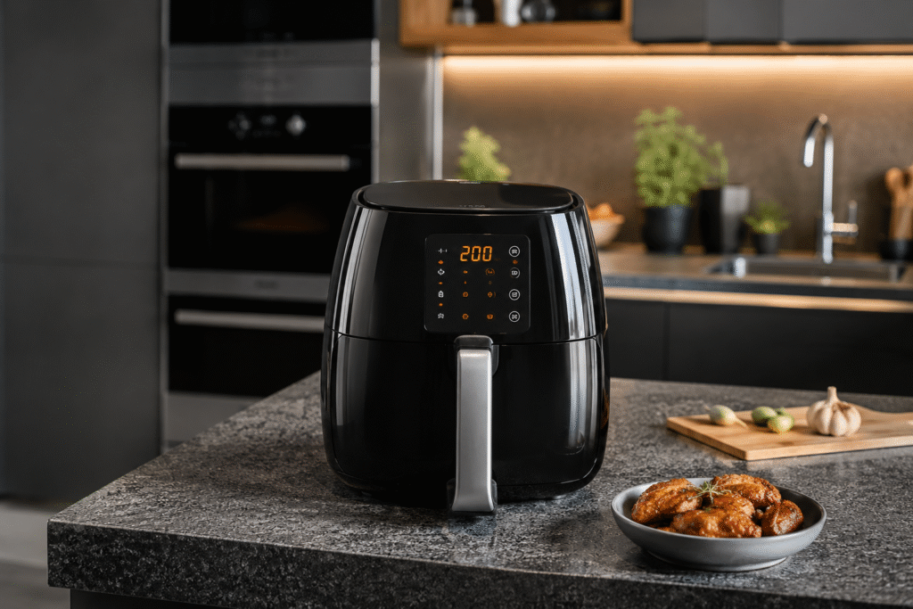 Air fryer digital preta sobre bancada de granito em cozinha moderna com frango grelhado ao lado